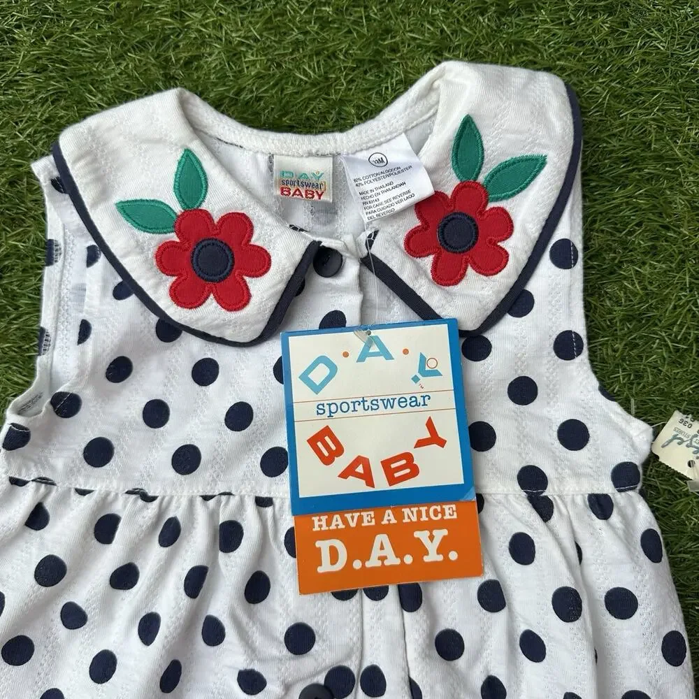 NWT Vtg Day Sportswear Baby Bubble Romper 12M Polka‎ Dot Flower Romper White Blk
